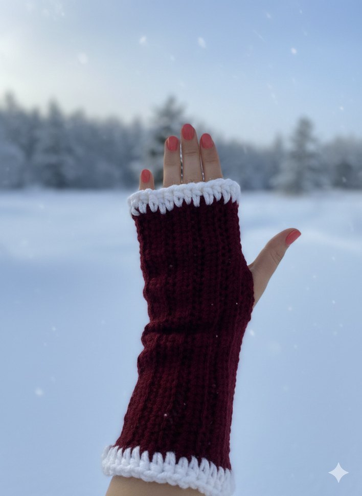 Bordo Örgü Kadın Eldiveni - Görsel 2
