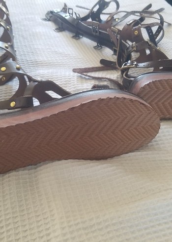 39 Beden kahverengi Renk Bostini Hakiki Deri Uzun Dizaltı Sandalet 39 numara