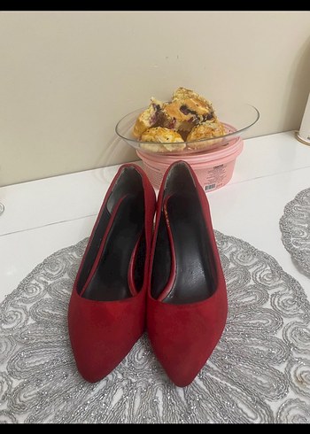 Kırmızı Süet Blok Topuklu Kadın Stiletto - Görsel 2