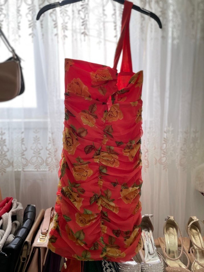 Çiçek Desenli Drapeli Kırmızı Mini Elbise - Görsel 2