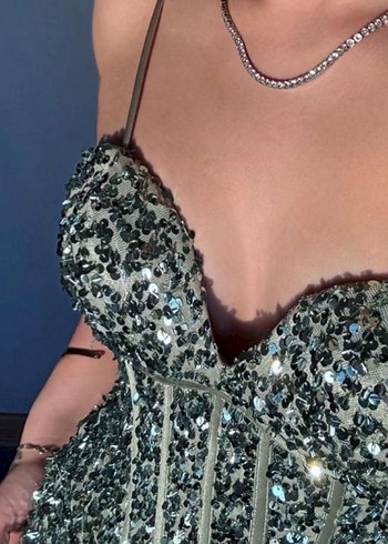 Turkuaz Desenli Straplez Uzun Abiye - Görsel 2