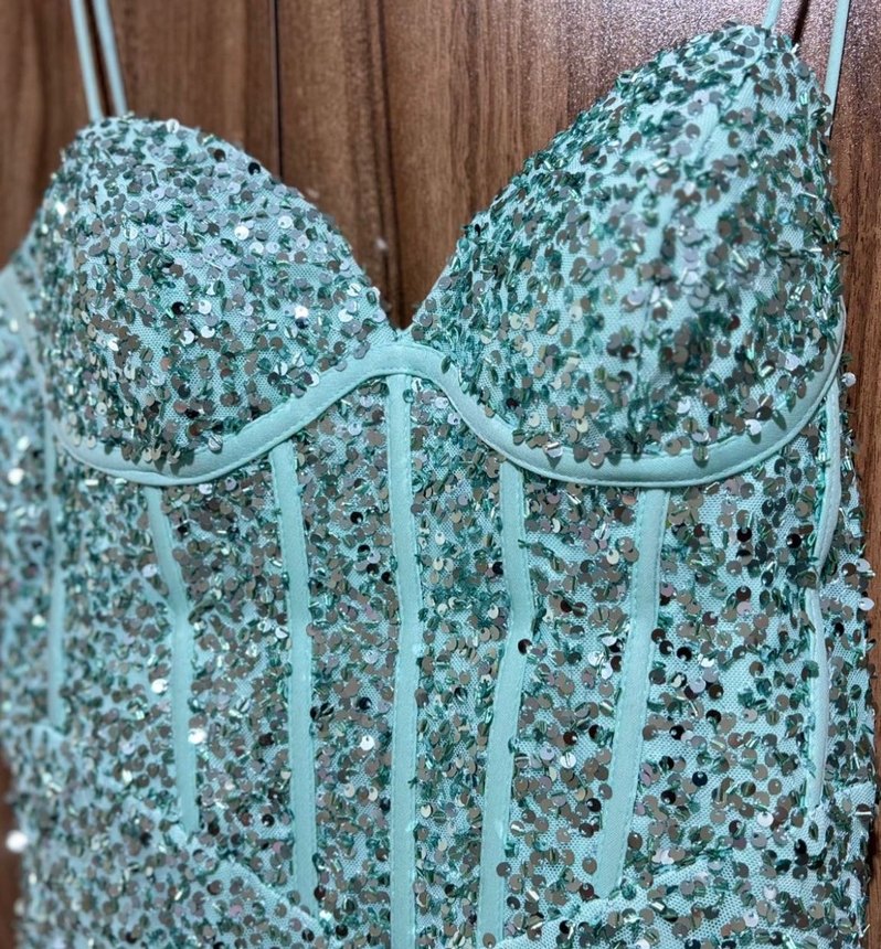 Turkuaz Desenli Straplez Uzun Abiye - Görsel 5