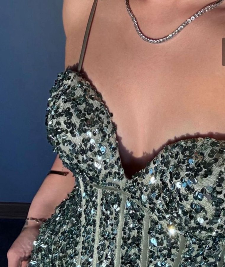 Turkuaz Desenli Straplez Uzun Abiye - Görsel 2