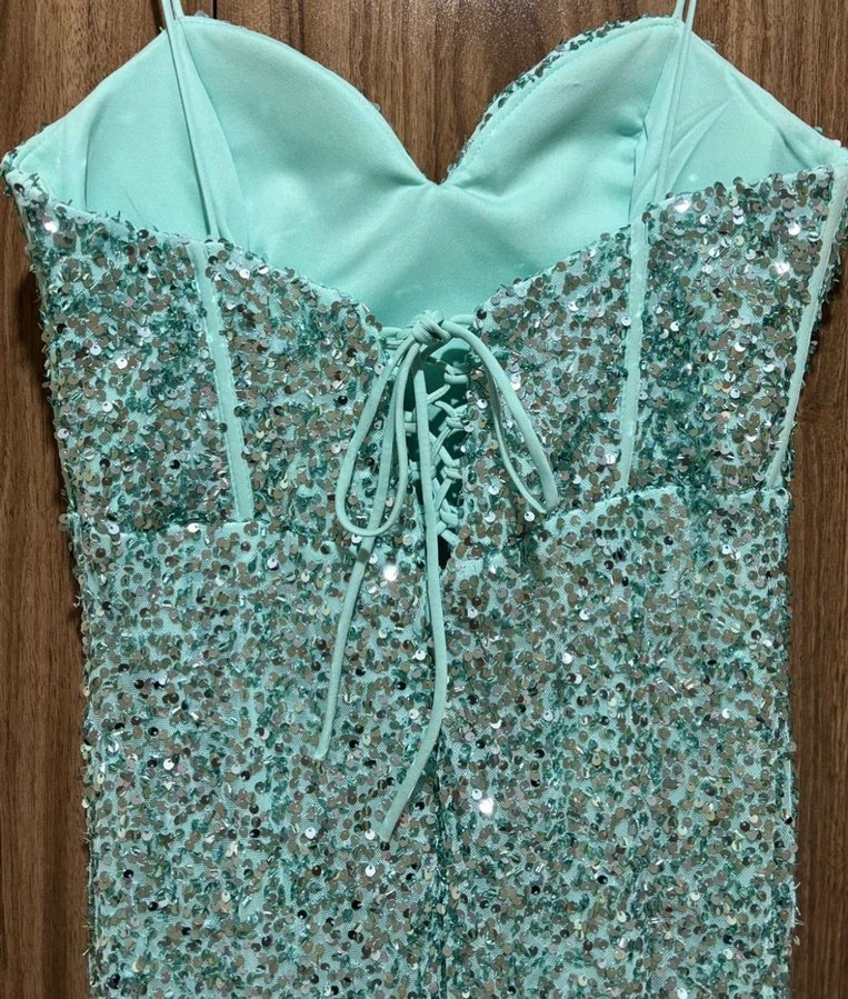 Turkuaz Desenli Straplez Uzun Abiye - Görsel 3