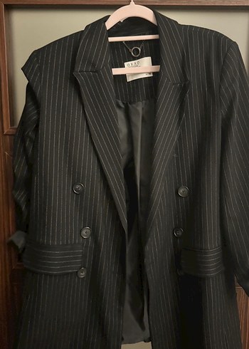 m Beden Düğmeli Siyah Çizgili Kadın Blazer