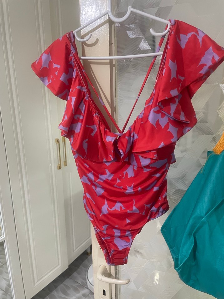 Kırmızı Drapeli Bağlamalı Kadın Mayo - Görsel 2