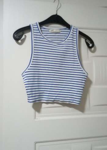 Mavi Çizgili Pamuklu Kolsuz Crop Top