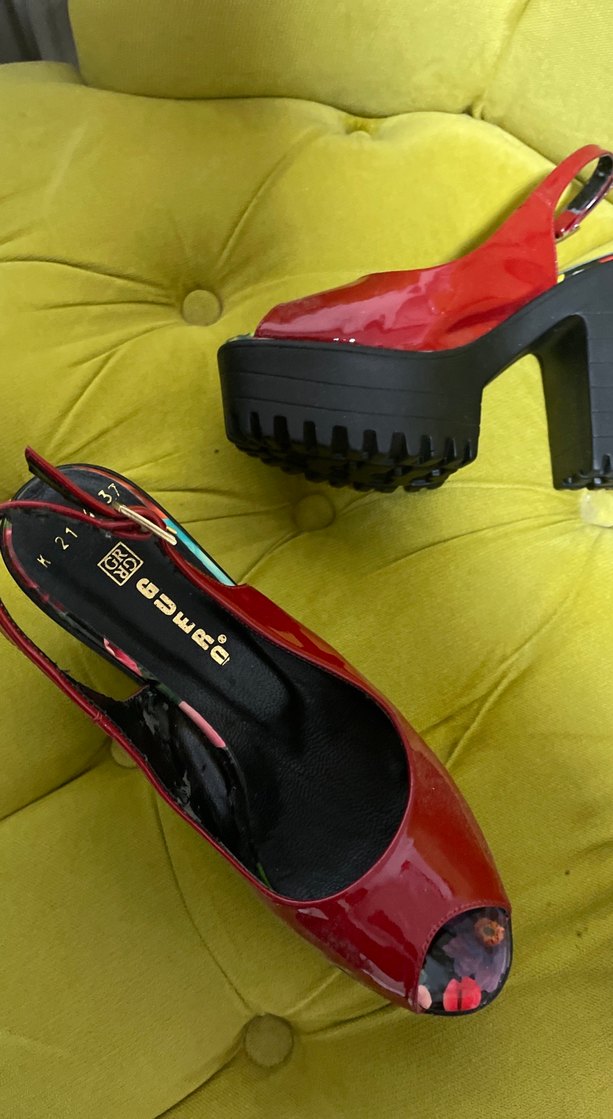 Renkli Kemerli Kırmızı Platform Topuklu Kadın Ayakkabı - Görsel 2