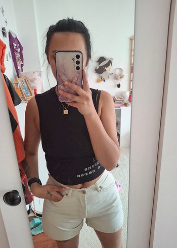 s Beden Siyah Kısa Denim Crop Top