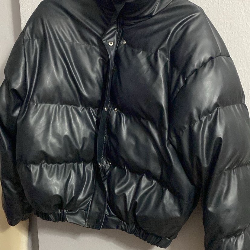 Siyah Deri Kadın Kışlık Düğmeli Mont - Görsel 3