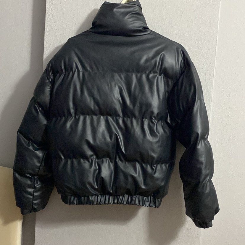 Siyah Deri Kadın Kışlık Düğmeli Mont - Görsel 2