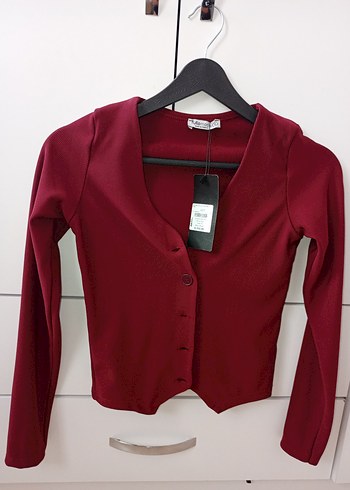s Beden bordo Renk Bordo Düğmeli Kısa Blazer Ceket