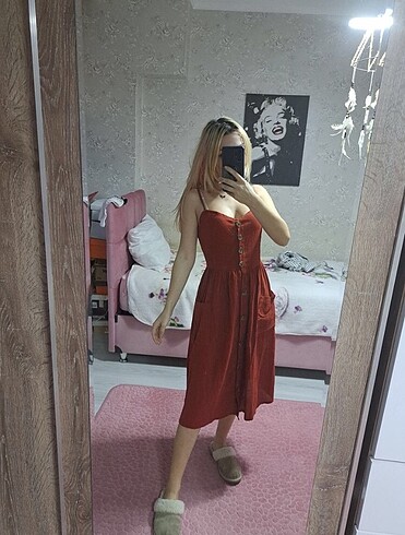 kiremit rengi uzun elbise