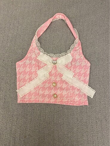 Pembe taşlı kurdeleli crop
