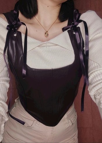 Bordo deri Büstiyer - Görsel 2