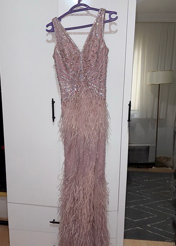 Gül kurusu Nakışlı Drapeli Uzun Abiye Elbise - Görsel 7