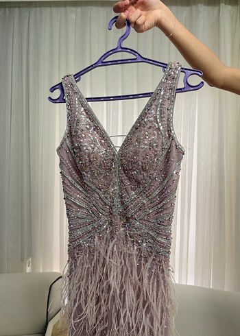 Gül kurusu Nakışlı Drapeli Uzun Abiye Elbise - Görsel 4