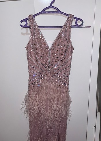 Gül kurusu Nakışlı Drapeli Uzun Abiye Elbise - Görsel 9