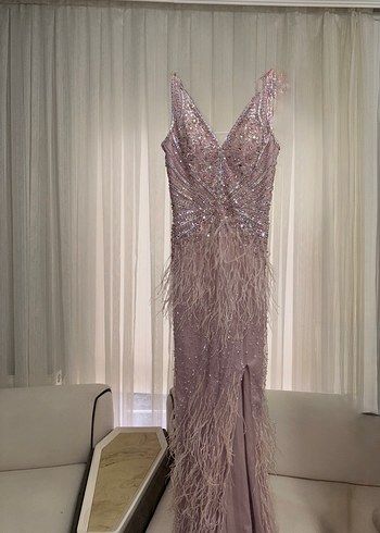 Gül kurusu Nakışlı Drapeli Uzun Abiye Elbise - Görsel 3