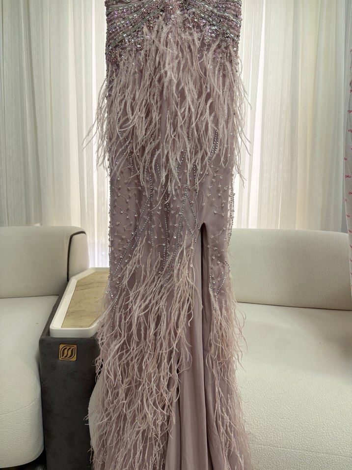 Gül kurusu Nakışlı Drapeli Uzun Abiye Elbise - Görsel 5