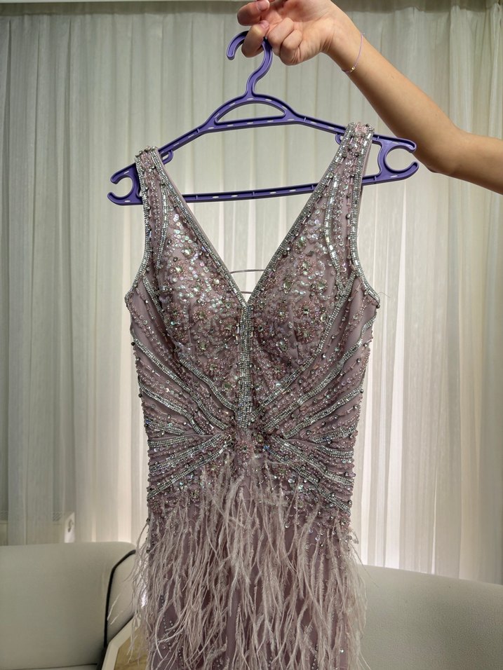 Gül kurusu Nakışlı Drapeli Uzun Abiye Elbise - Görsel 4