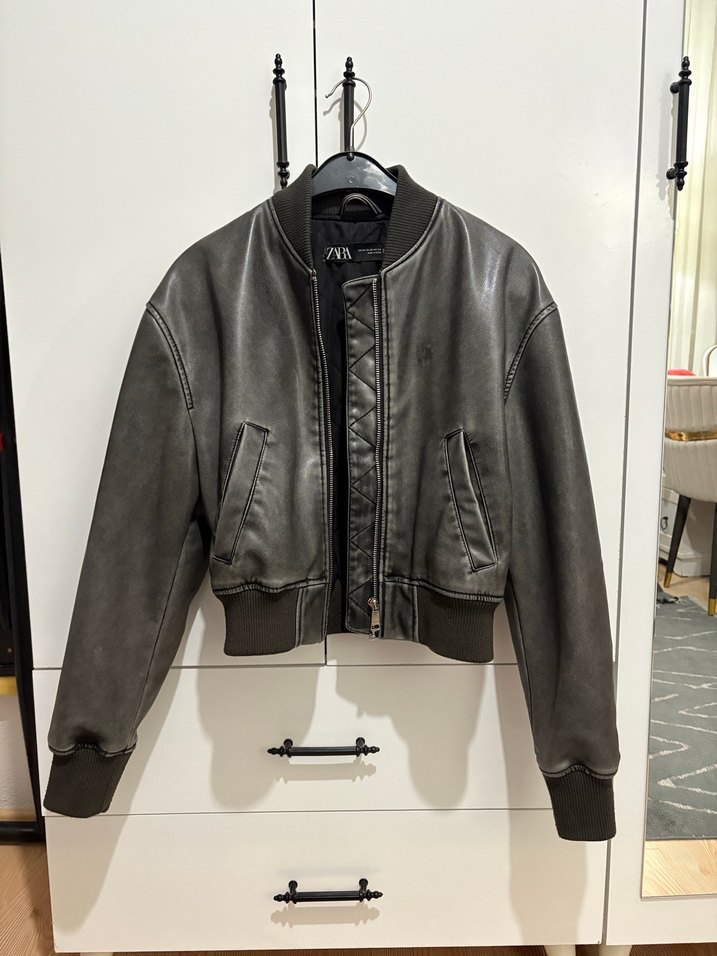 Dıstressed Görünümlü Suni Deri Bomber Ceket - Görsel 2