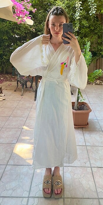 universal Beden beyaz Renk El İşlemesi Kimono