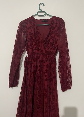 Bordo Dantel Detaylı Uzun Bohem Elbise