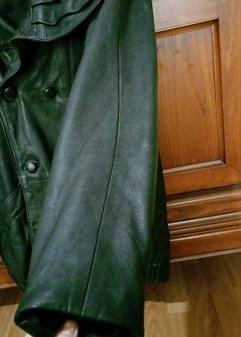 Düğmeli Siyah Deri Uzun Kadın Ceket - Görsel 2