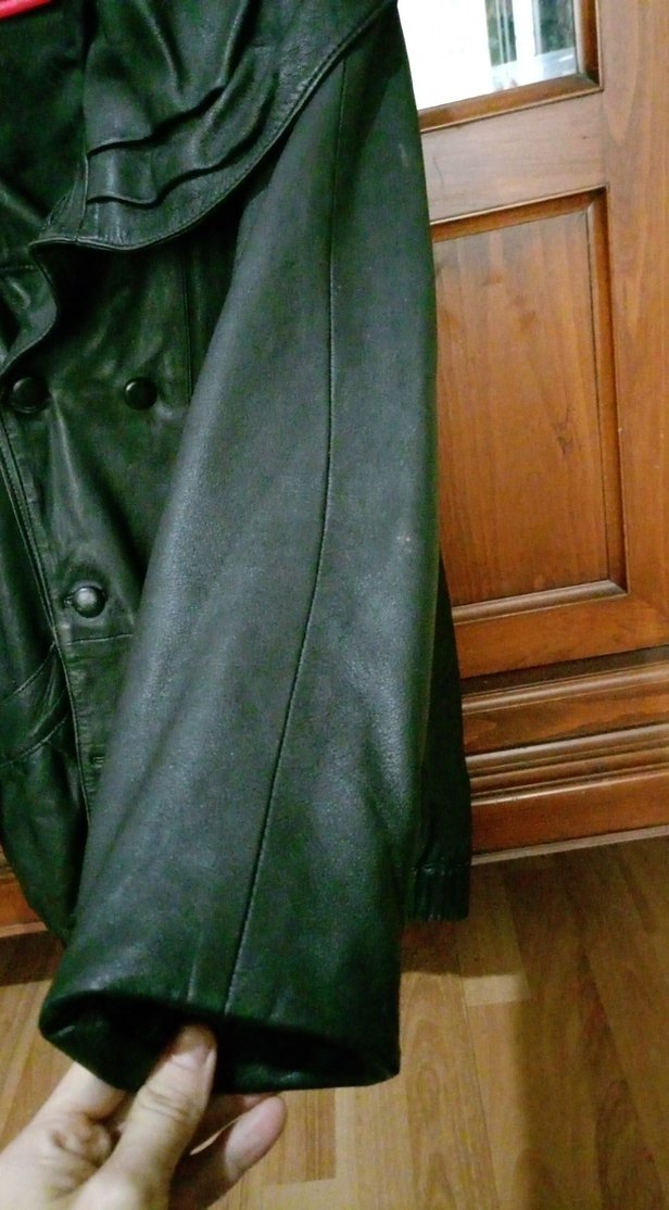 Düğmeli Siyah Deri Uzun Kadın Ceket - Görsel 2