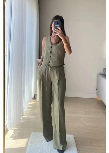Kadın Keten Haki Düğmeli Tulum