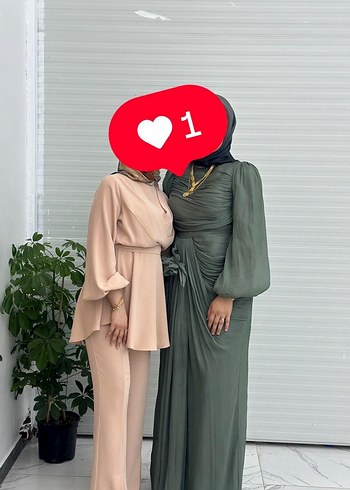 42 Beden Uzun Kol Drapeli Haki Kadın Abiye Elbise