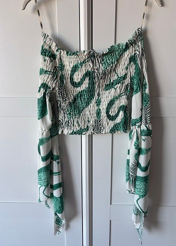 Yeşil kuş Desenli Bohem Straplez Bluz - Görsel 4