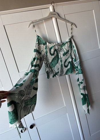 Yeşil kuş Desenli Bohem Straplez Bluz - Görsel 2