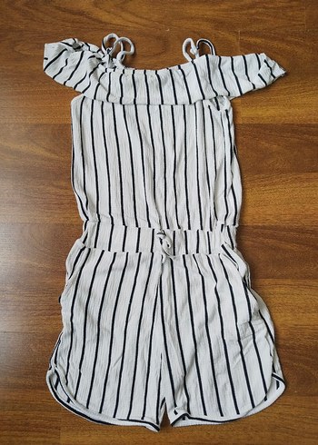 9 yaş Beyaz Çizgili kız çocuk Mini Tulum - Görsel 2