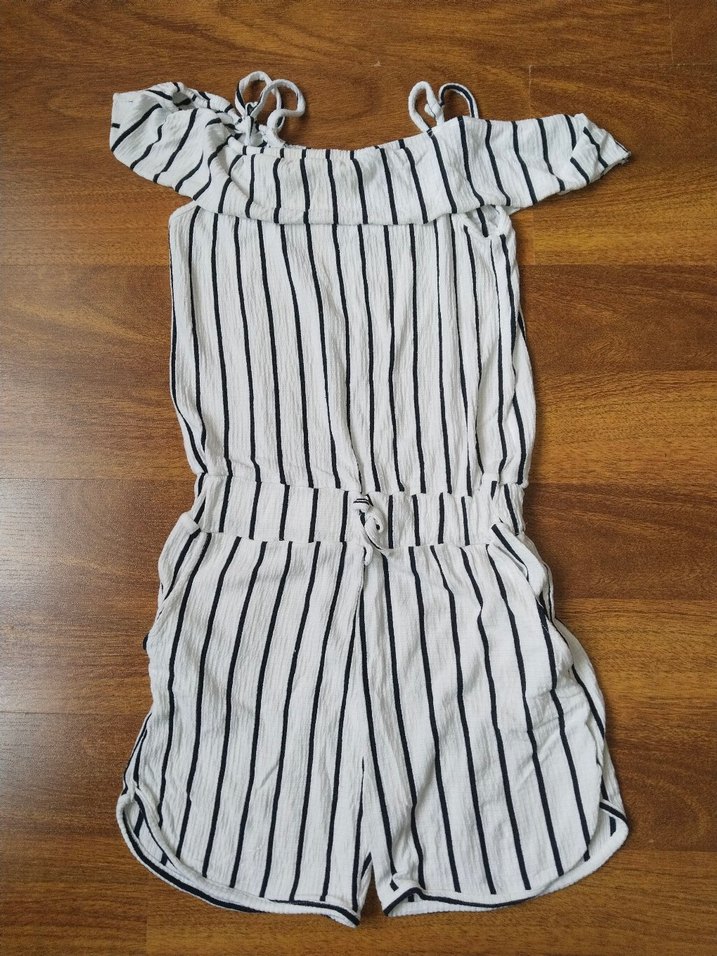 9 yaş Beyaz Çizgili kız çocuk Mini Tulum - Görsel 2