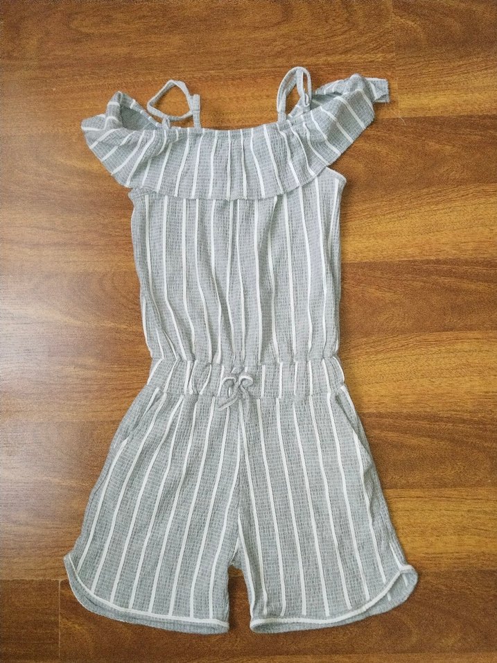 Kız Çocuk Gri Çizgili Keten Tulum - Görsel 2