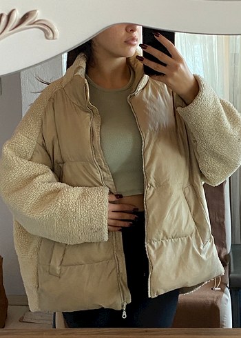 Bej Peluş Detaylı Salaş Midi Kadın Mont