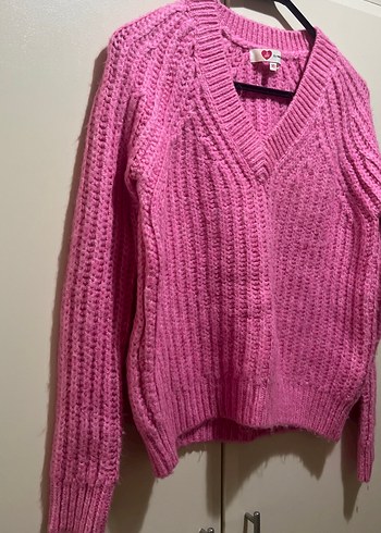 Pembe V Yaka Örgü Kadın Kazak - Görsel 3