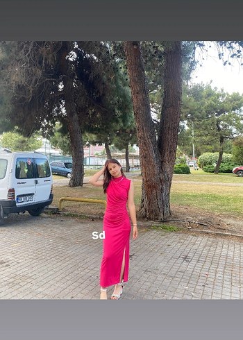 s Beden Pembe Drapeli Uzun Abiye Elbise
