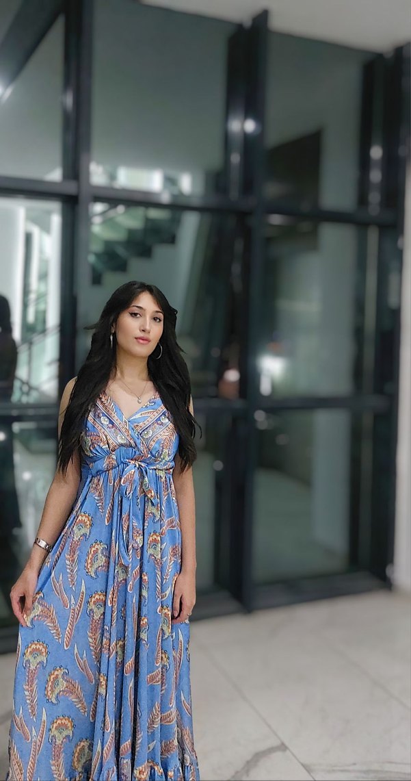 Mavi İpek Dokulu Bohem Uzun Elbise - Görsel 2