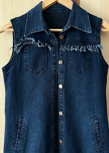 Diğer Kadın Lacivert Kolsuz Denim Midi Ceket