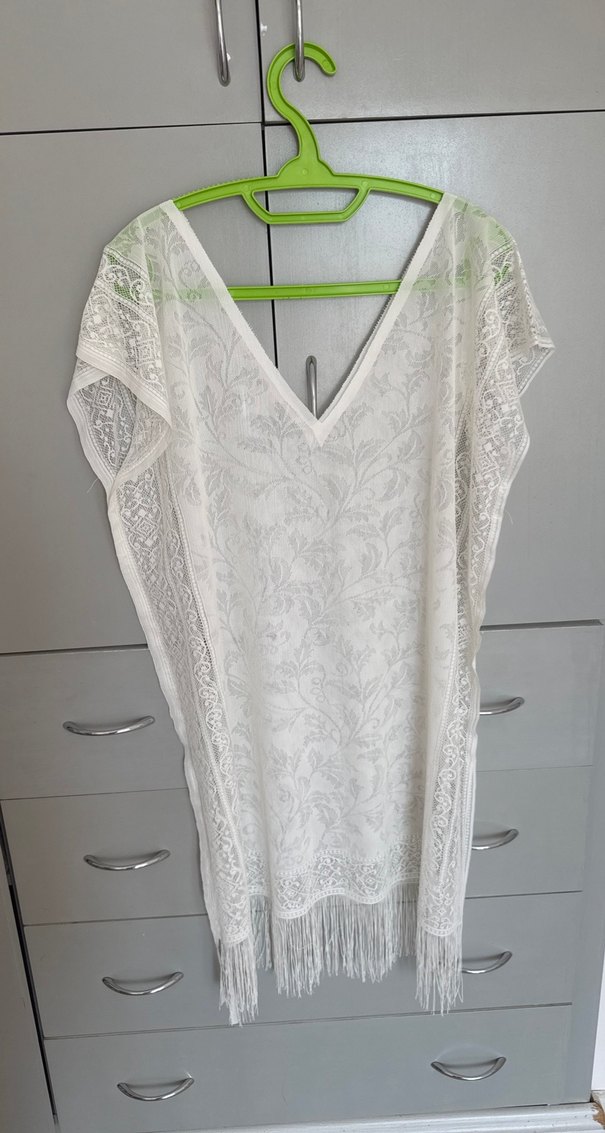 Dantel Detaylı Beyaz V Yaka Bohem Pareo - Görsel 4