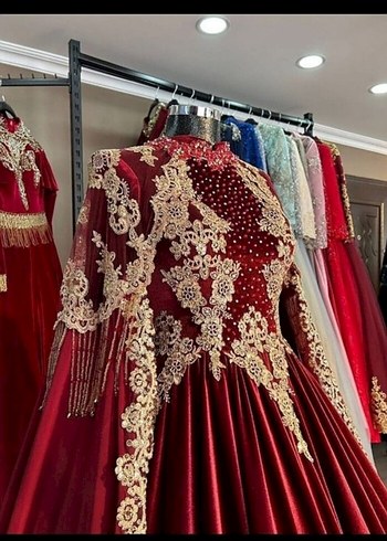Bordo İşlemeli Uzun Kollu Henna Elbise