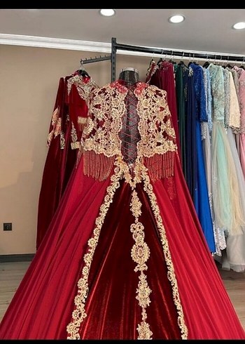 Henna Gelinlik Bordo İşlemeli Uzun Kollu Henna Elbise