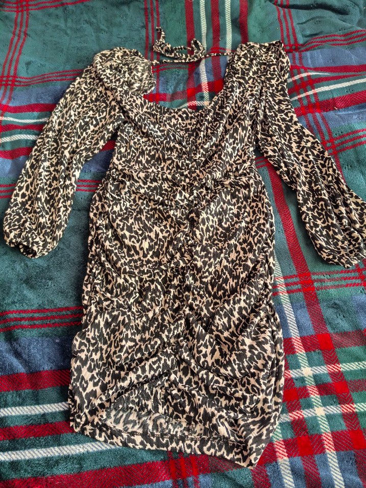 Gri Zebra Desenli sırt V Yaka elbise - Görsel 3