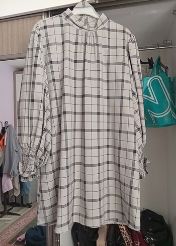 Diğer Gri Ekose Desenli Midi Uzun Kollu Tunik