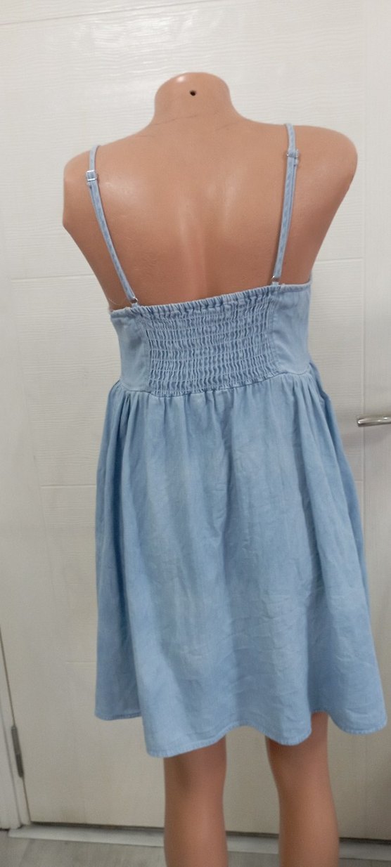 Mavi Düğmeli Askılı Midi Kot Elbise - Görsel 3