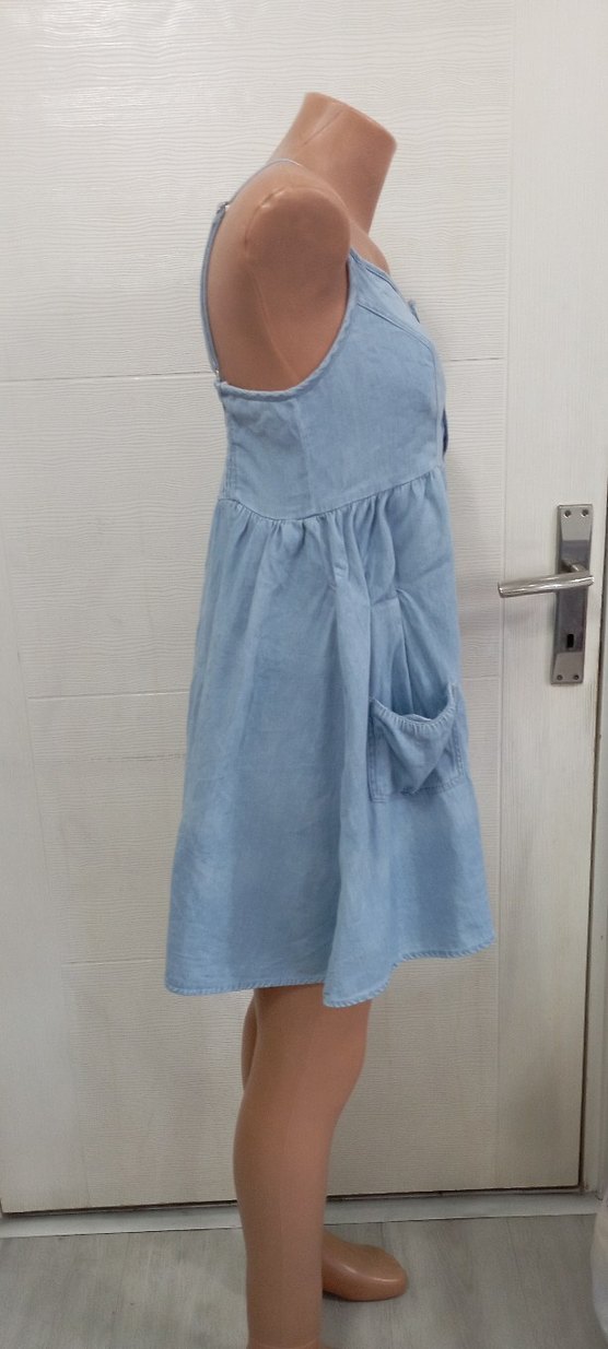 Mavi Düğmeli Askılı Midi Kot Elbise - Görsel 2