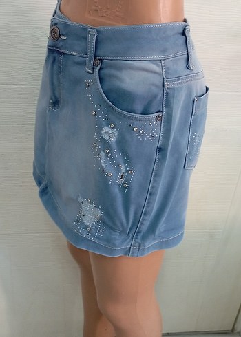 Nakışlı ve Payetli Mavi Mini Kot Etek - Görsel 2